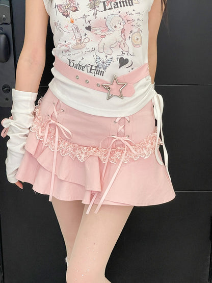 Stufenrock mit Schnürdetails Pink Y2K Asymmetrisch Kawaii Yume