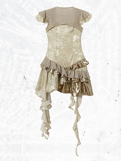 Gold Satin Two-Piece Asymmetrical Dress with Ruffle - NO ROMANCE