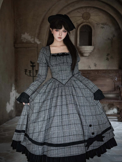 Dress Lolita and Bow Gray Elegant Hat + Plaid Boned Set Basque Black Waist Detachable