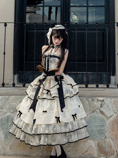 White Layers Long Underskirt with Black Bowknot Trim - Magic Skirt Cat