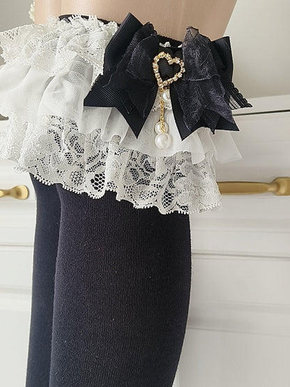 Stockings Lace with Knee Black Decoration Bow Over Pink/Black Kei Jirai Double-Layer