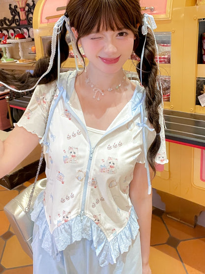 ジップアップフード付きキュートなキティプリントカーブヘムレースブルートリムTシャツ