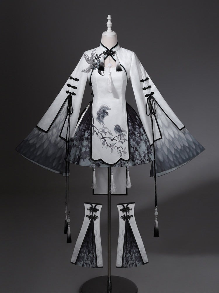 Hanfu-Inspired Plum Blossom Crop Top Set with Tassel Dress, Splatter Skirt, Leg Warmers - Han Ru Chu Hanfu & Han-Element Studi