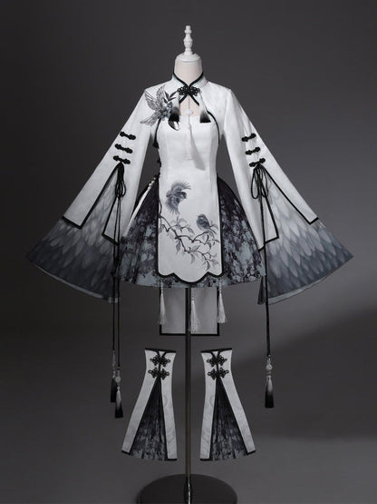 Hanfu-Inspired Plum Blossom Crop Top Set with Tassel Dress, Splatter Skirt, Leg Warmers - Han Ru Chu Hanfu & Han-Element Studi