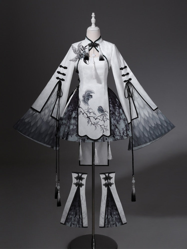 Black & White Plum-Embroidered Hanfu-Style Crop Top Set with Tassel Dress, Splatter Skirt & Leg Warmers - Han Ru Chu Hanfu & Han-Element Studi