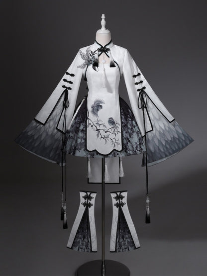 Black & White Plum-Embroidered Hanfu-Style Crop Top Set with Tassel Dress, Splatter Skirt & Leg Warmers - Han Ru Chu Hanfu & Han-Element Studi