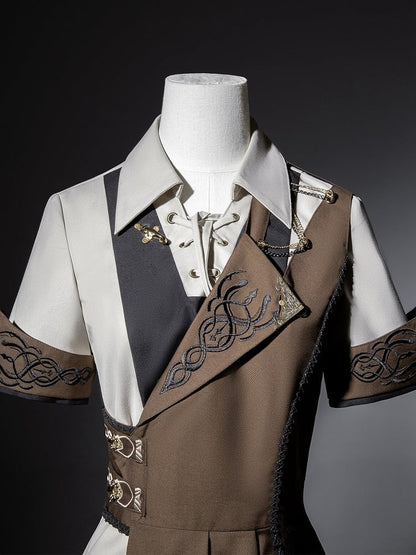 Ouji - Stücke Steampunk Ärmel Hemd Weste Lolita Set Hose Gerades Bein Kurz + Lang Drei Ein-Schulter