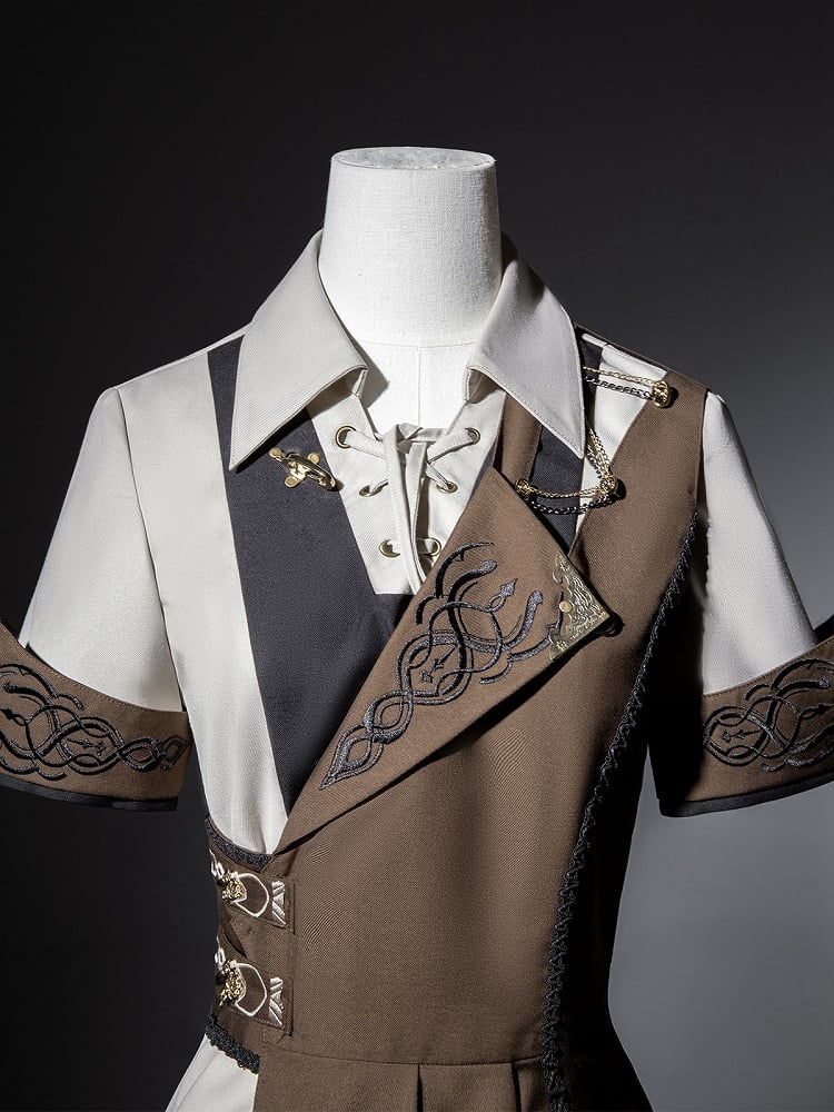 Straight-leg Short Pieces Steampunk Three - Sleeves + Pants Waistcoat Ouji Long Set One-shoulder Shirt Lolita