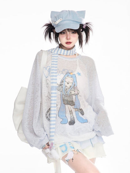 デザインカラーブロックカバーアップ ブルー/ピンク ラウンドネック 漫画ガールプリント セミシアー