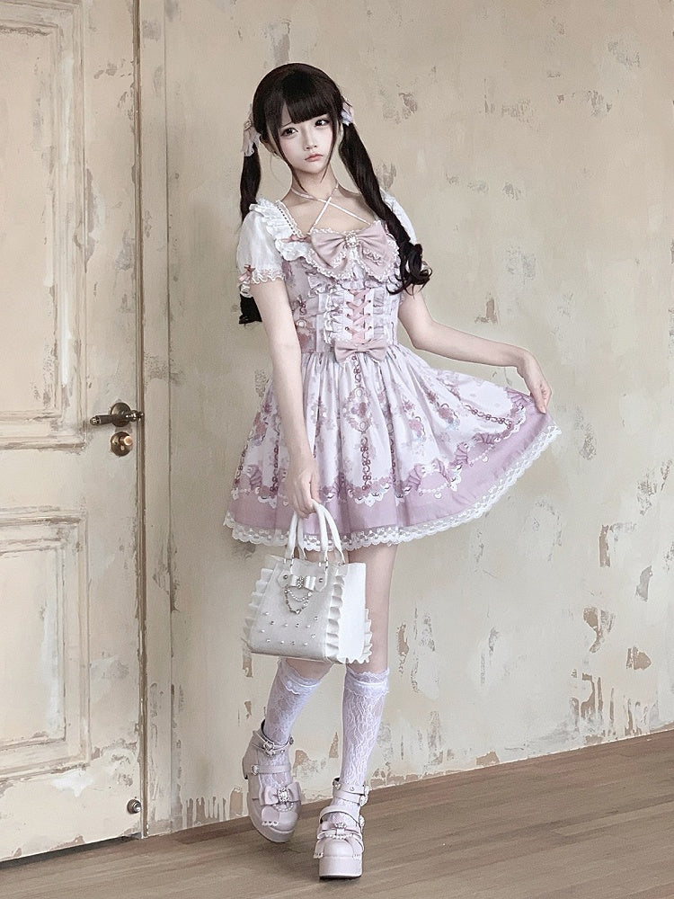 Ryousangata Floral Wall Print Pink Square Neck Short Sleeve Dress with Lace and Bow Details - Ekomi