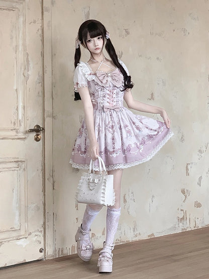 Ryousangata Floral Wall Print Pink Square Neck Short Sleeve Dress with Lace and Bow Details - Ekomi