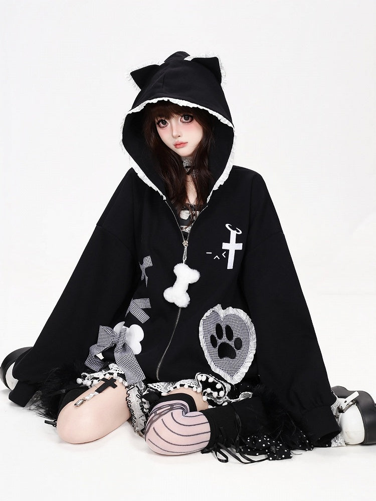 Kawaii Ruffled Kitty-Ear Hooded Jacket with Bow and Heart Patch in Black - CRAZY GIRL