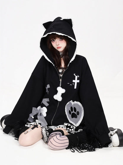 Kawaii Ruffled Kitty-Ear Hooded Jacket with Bow and Heart Patch in Black - CRAZY GIRL