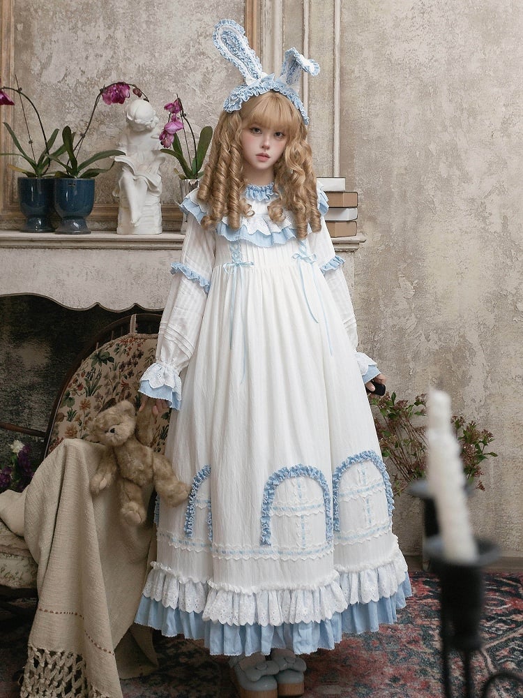 Blue Lolita White Ruffle Dress with Long Sweet Sash Sleeves and Details
