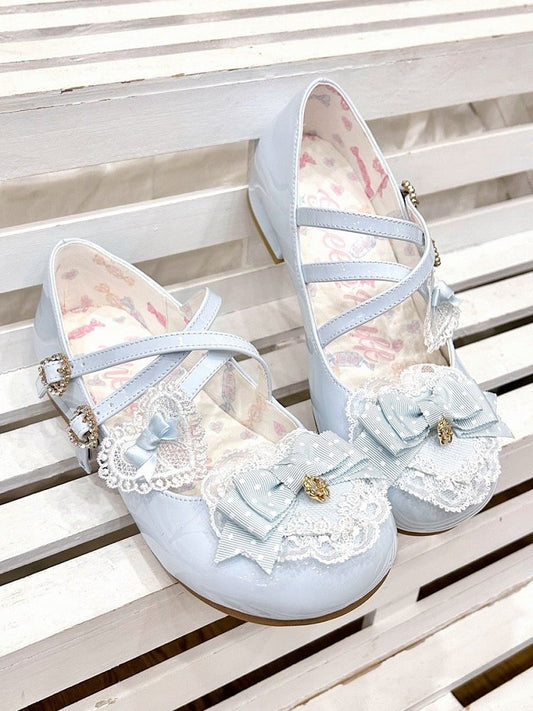 Blue Heels Lolita Low Fastener with Rhinestone Heart Sweet