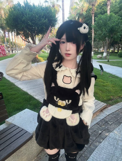 Detachable with Plush Paw Kawaii Soft Hood Cat-Ear Cat Embroidery Bloomer Shorts Overall Black