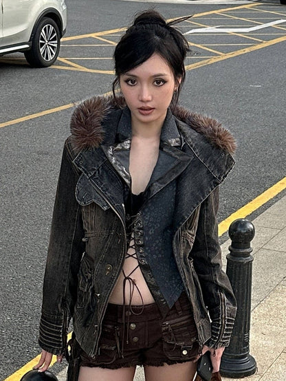 Trim Hooded Denim Grey Version Hood Detachable Brown Fur Jacket - Regular/Padded