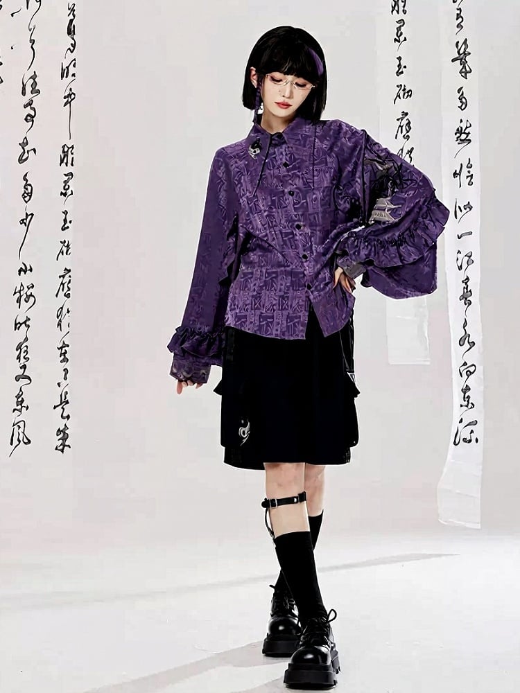 Style Chinese Side Embroidery with Shorts Pockets Black