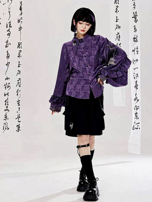 Sleeves Style Unisex with Shirt Flounce and Embroidery Chinese Purple