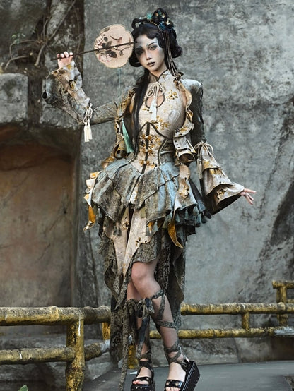 レーストリムの花柄ジャカードハンカチヘムスカート