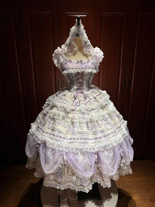 Lace White Purple Floral Hairband Top + Set Bow Skirt Embroidered Train Layered