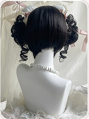 Bob Air Bangs Ponytails Wigs 22cm Two Black Curly + Claw With Cut