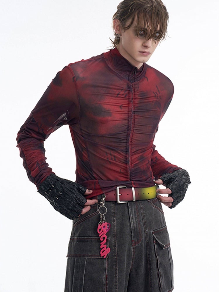 Red Top Ruffle Men Detail Neck for - Mock Closure Long Zip with Sleeve Black