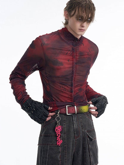 Red Top Ruffle Men Detail Neck for - Mock Closure Long Zip with Sleeve Black