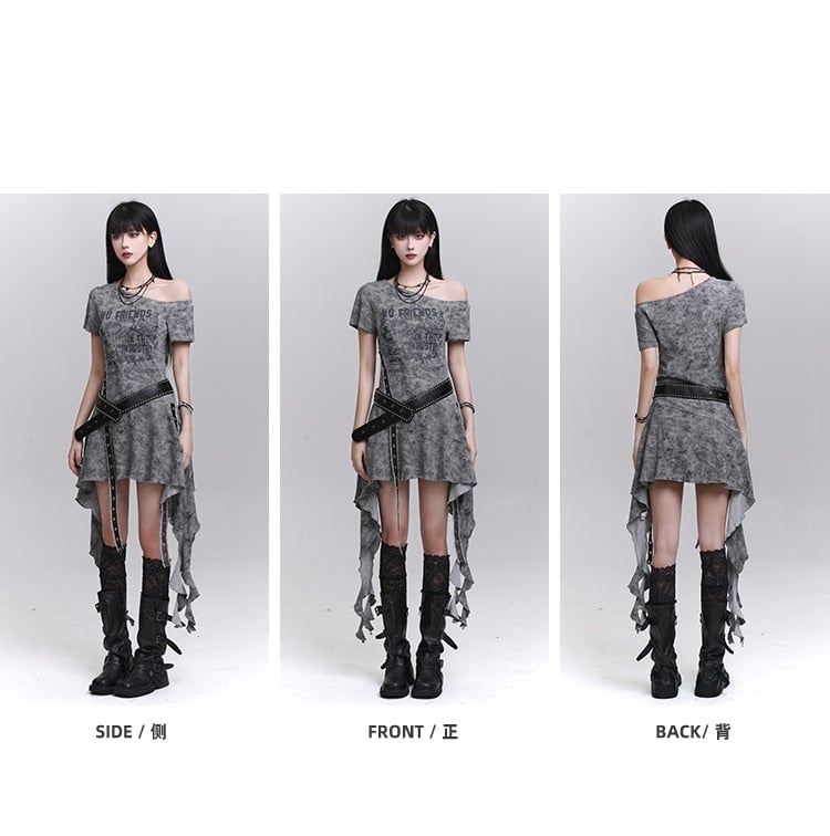 Belt Asymmetrical Neckline Cascading Ruffles Gray/Black Dress with Tie Dye Waist