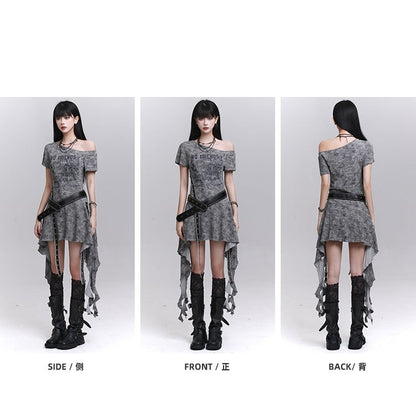 Belt Asymmetrical Neckline Cascading Ruffles Gray/Black Dress with Tie Dye Waist
