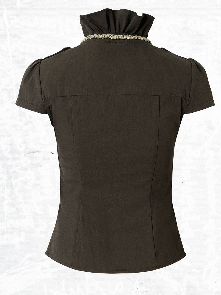 Punk Army Green Faux Two-Piece Short Sleeve Blouse with Lace and Ruffle Trim - NO ROMANCE