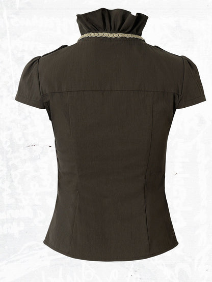 Punk Army Green Faux Two-Piece Short Sleeve Blouse with Lace and Ruffle Trim - NO ROMANCE