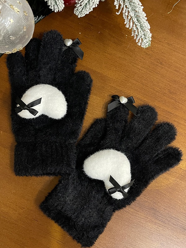 Schwarz/Weiße Lolita Herzschleifen-Plüschhandschuhe