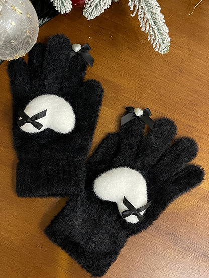 Schwarz/Weiße Lolita Herzschleifen-Plüschhandschuhe
