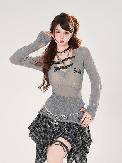 メッシュ ホワイト/グレー ホール Vネック バックルストラップ ダメージ加工