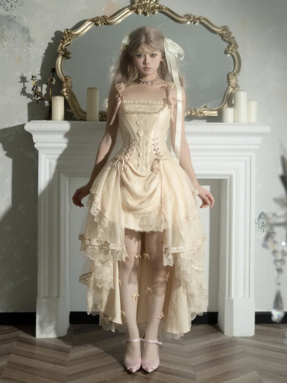 シャンパンレースアップディテールボーンコルセットトップ+ハイローレイヤードロリータスカートBE002