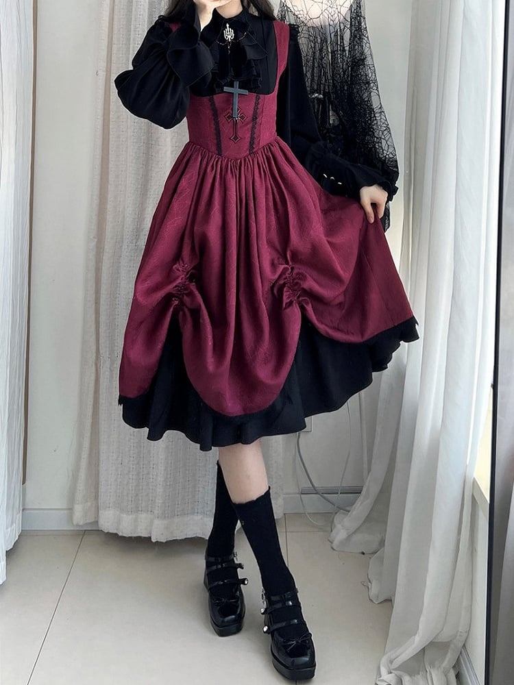 Waist Lolita Gothic Straps Drawstring Cross JSK Basque Dress and Red Shoulder Embroidery with Lace-Trimmed