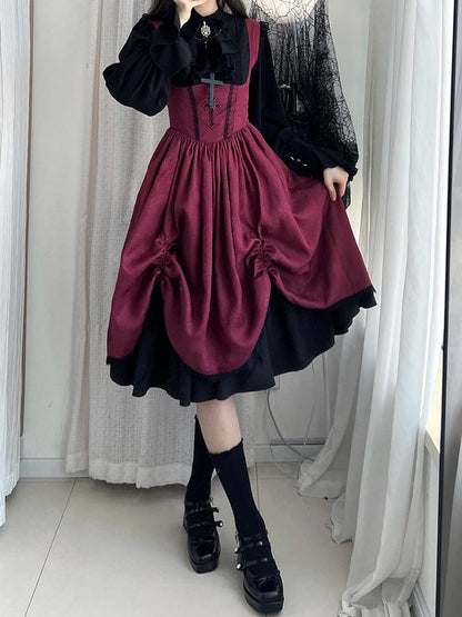 Waist Lolita Gothic Straps Drawstring Cross JSK Basque Dress and Red Shoulder Embroidery with Lace-Trimmed