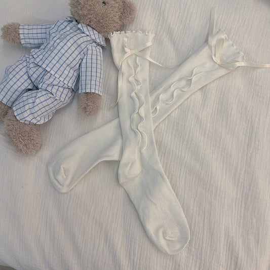 Trim White/Black Calf Decorated Side Ruffled with Socks Ruched Bow