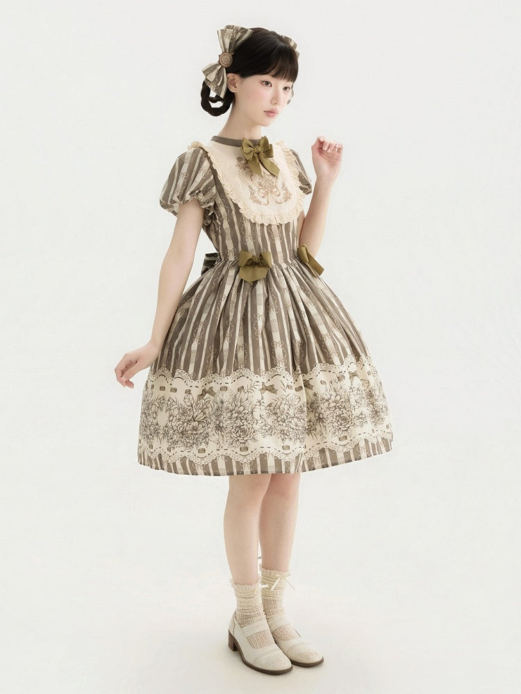 Version Lolita Embroidery Bodice Floral Pattern One and Brown Bowknot Short Striped Piece Classic