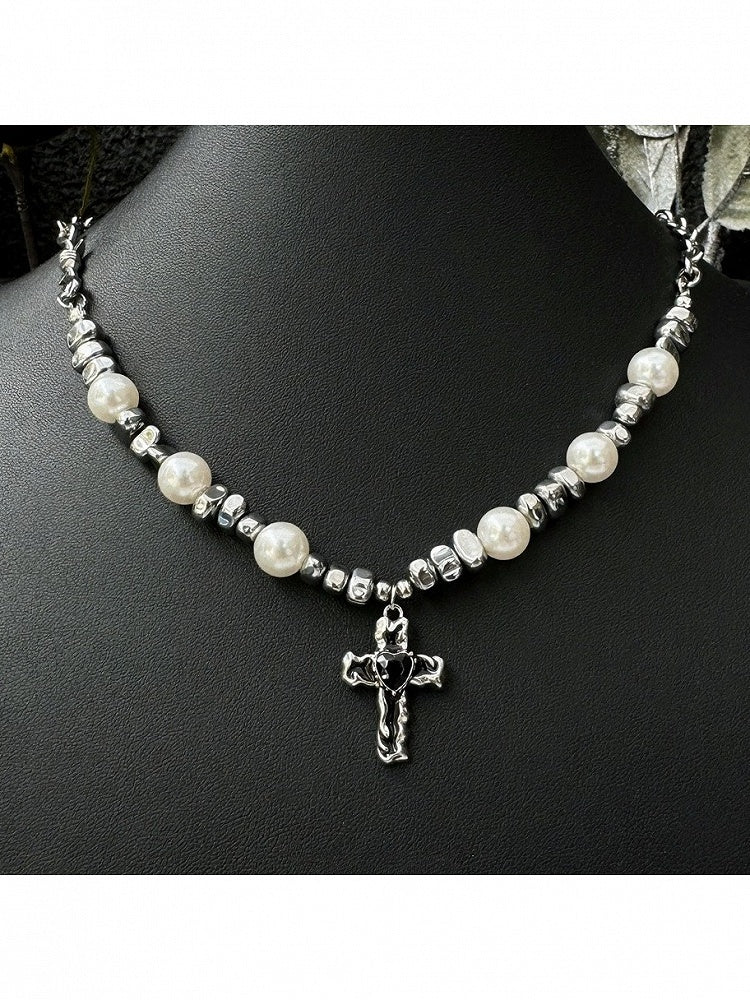 Silver Cross Pearl Pendant Necklace - YSHXS