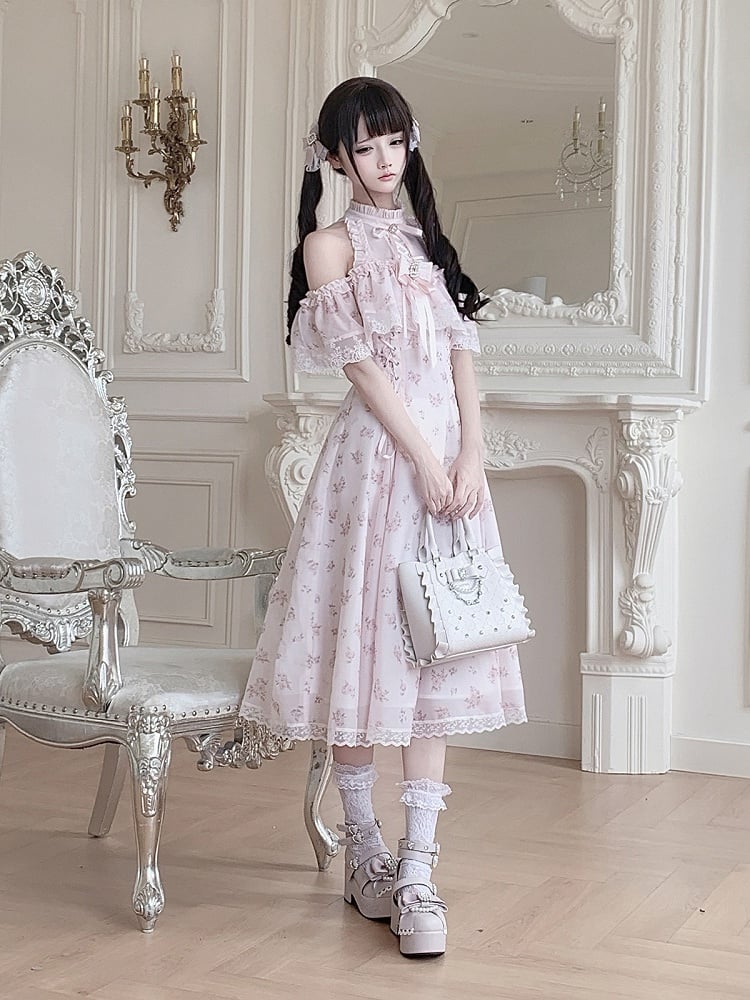 Floral Print Long Dress with Rhinestone Bow Tie - Ekomi