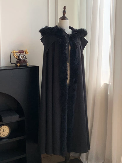 Witch Trim Cross with Fur Autumn for and Faux Winter Lolita Gothic Charms Black Cloak