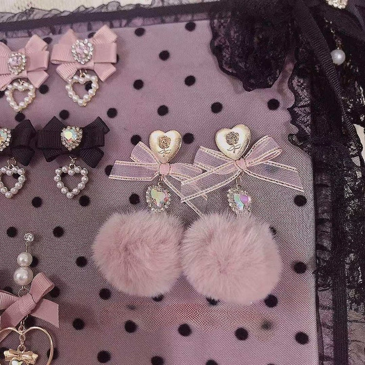 Decorated Rhinestone Pompom Bow with Heart Pink Earrings