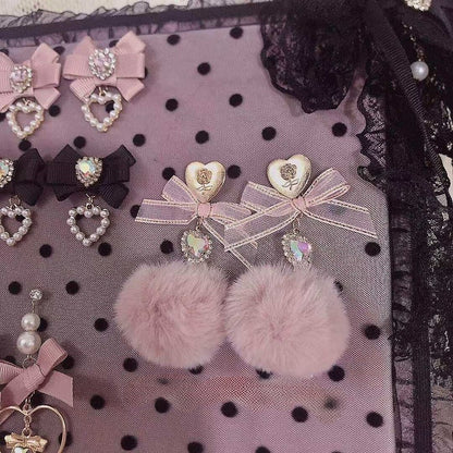 Decorated Rhinestone Pompom Bow with Heart Pink Earrings