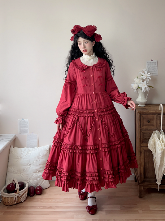 Detail Ruffle Red Elegant Sleeves with Button-Front Dress Tiered Long Lolita