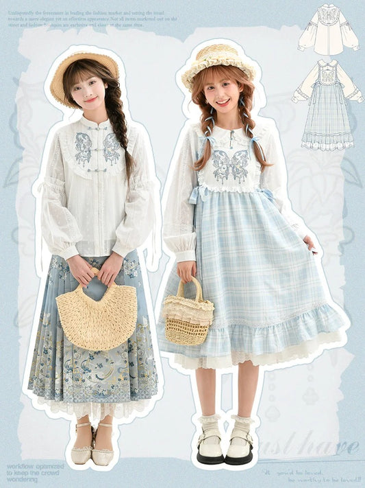 Alice in Wonderland Vibes Blue & White Plaid Butterfly Embroidery Mori Kei Dress