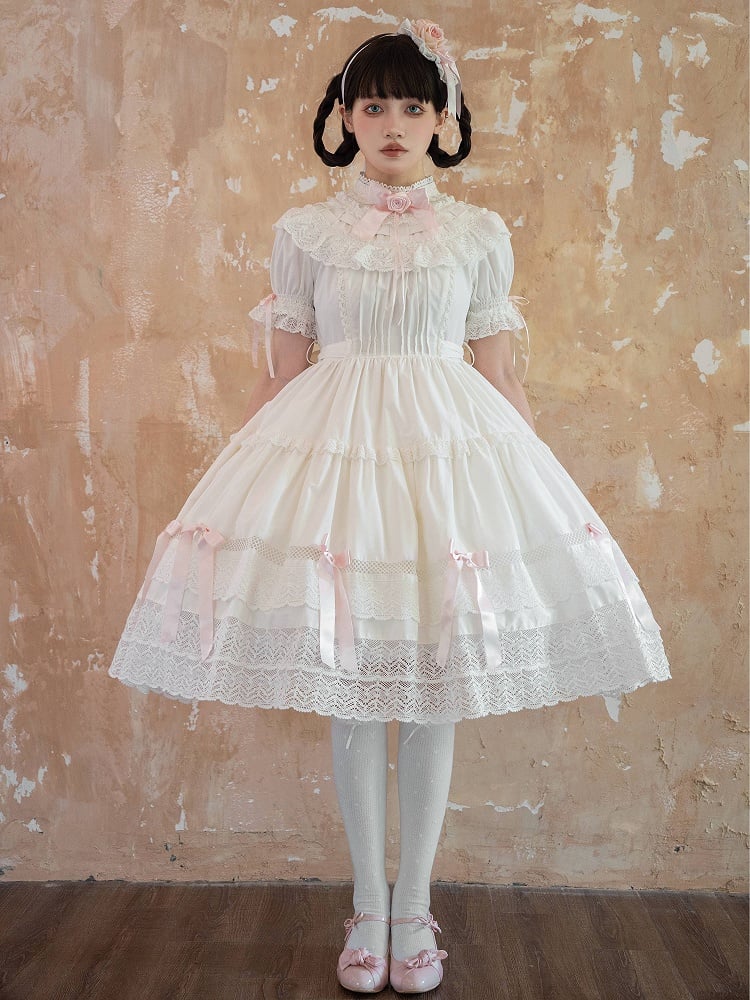 School Lolita Accents and OP Dress Pink Edward Old White Neck Cotton Bow Set