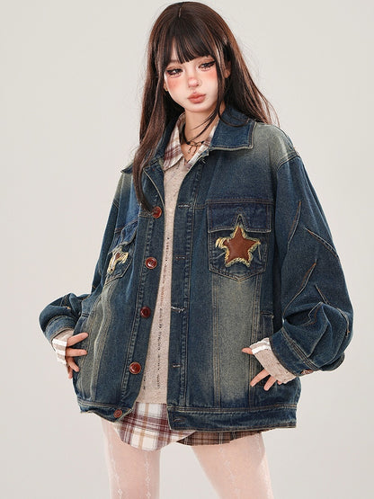 Denim Blue Star Patches Faded Wash Jacket