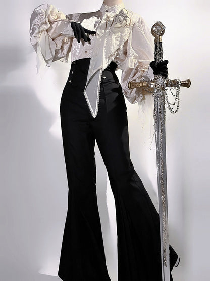 Beige Long Sleeves Jacquard Ouji Style Shirt with Rose and Bead Chains + Black High Waisted Flared Pants Set - Unknown Star
